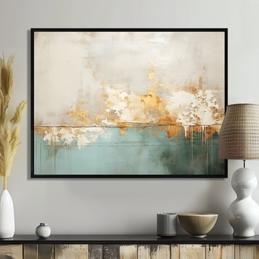 Designart - Abstract Printed Wall Art, Abstract Framed Wall Art, The Minimalistic Horizon in Gold and Teal I, Gold Large Black Framed Wall Art, 20x12 inches - Black Frame