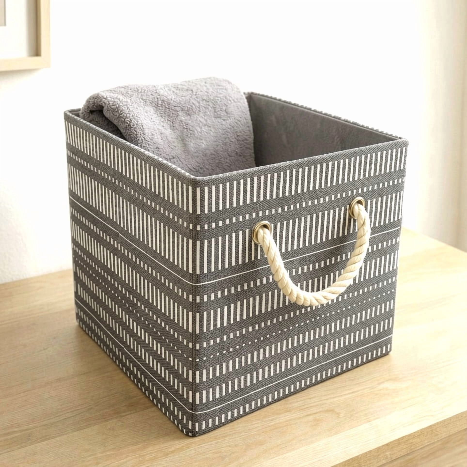 Hometrends 26 x 26 x 26cm H Panier de stockage en tissu de lin faux pliable avec poignées de corde de coton (unique)