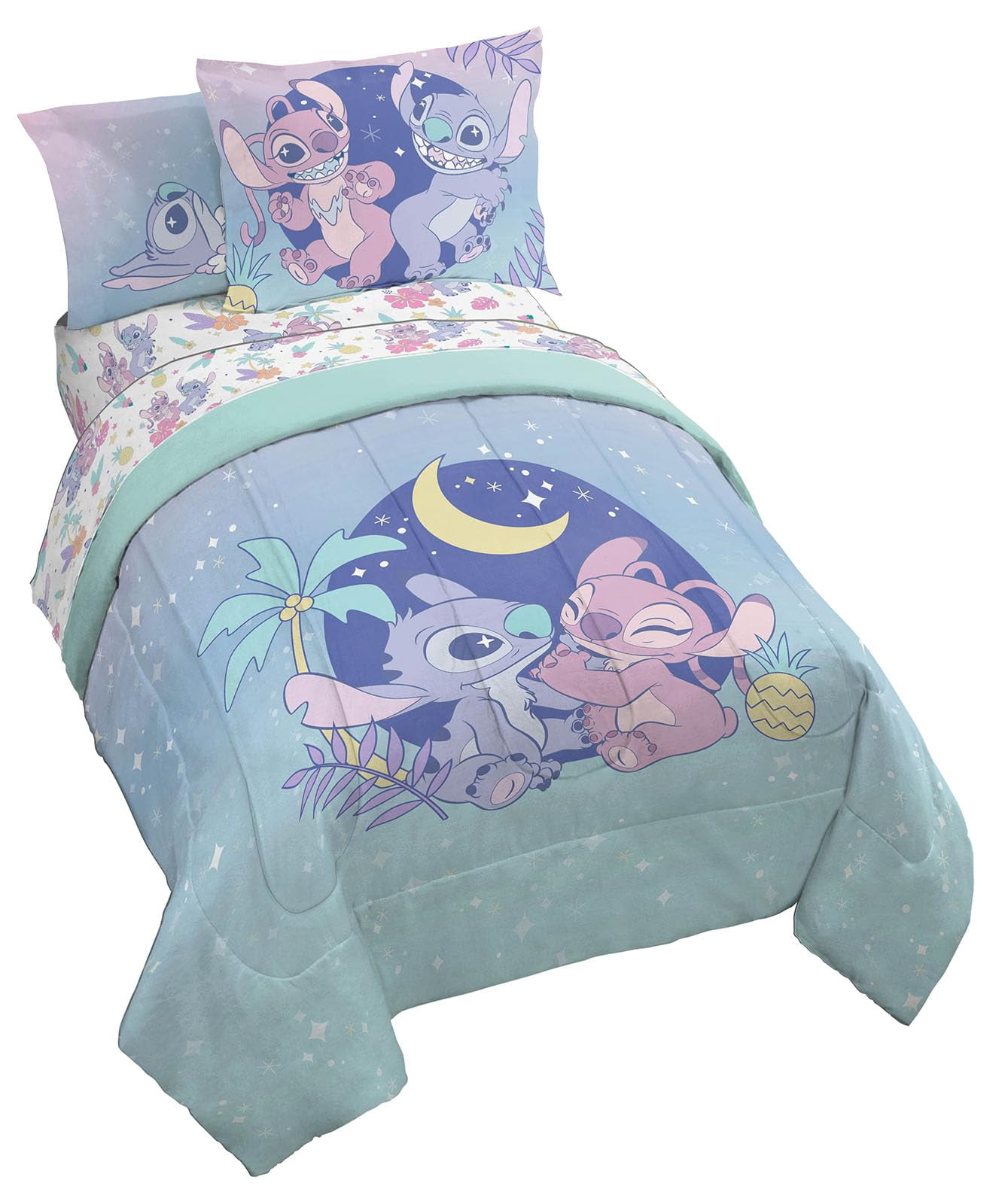Disney Lilo And Stitch Full Size Comforter Set - 7 Piece Floral Bedding Includes Sheet Set & Pillow Covers Features Angel - Super Soft Purple & Teal Stars Kids Bedding