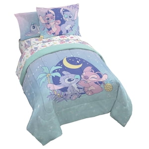 Disney Lilo And Stitch Full Size Comforter Set - 7 Piece Floral Bedding Includes Sheet Set & Pillow Covers Features Angel - Super Soft Purple & Teal Stars Kids Bedding