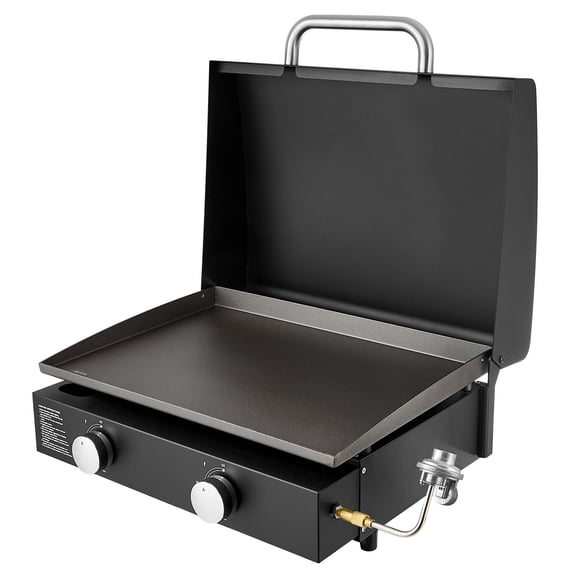 KFFKFF Gas Griddle, 2 Burner Tabletop Griddle, 22 inch Portable Griddles Propane with Lid, Oil Drain Hole