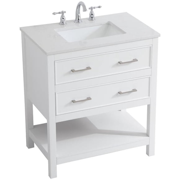 Pemberly Row Modern 30" Single Quartz Top Bathroom Vanity in White