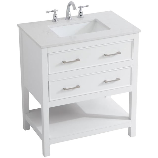 Pemberly Row Modern 30" Single Quartz Top Bathroom Vanity in White