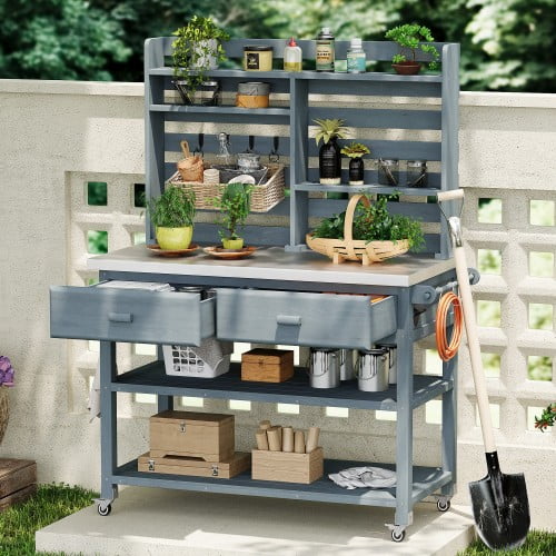 K&K 64.9"H Outdoor Potting Bench Table with Lockable Wheels, Solid Wood Outdoor Kitchen Island with Upper Hutch, Stainless Steel Top, Towel Rack ,Outdoor Storage for Grilling, Lawn Garden -Grey Blue