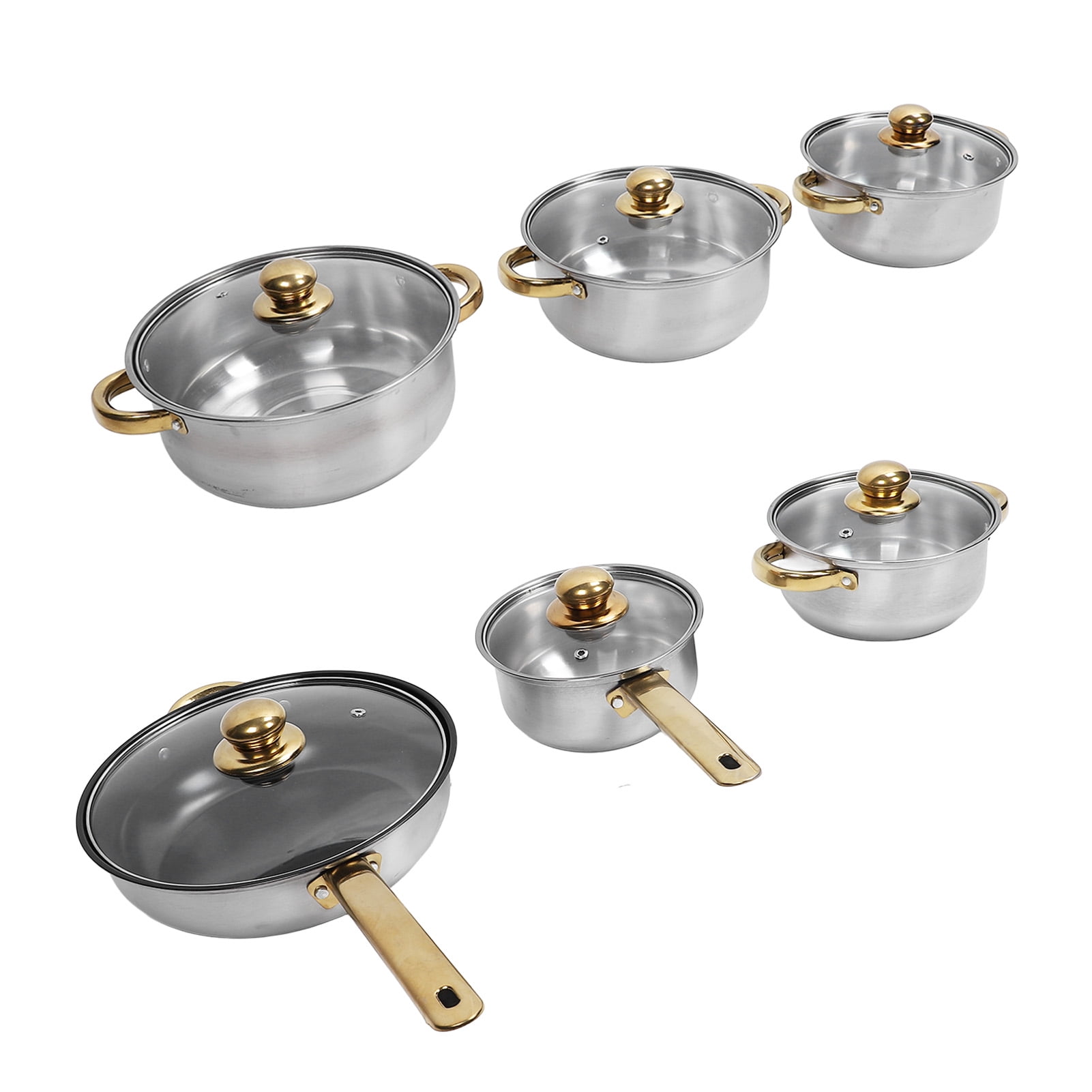 6 Pcs Kitchen Pots and Pans Set, Stainless Steel Golden Handle Non Stick Cookware Set Soup Pots Milk Pot Kettle, Tempered Glass Lids Dishwasher and Oven Safe Kitchen Utensils