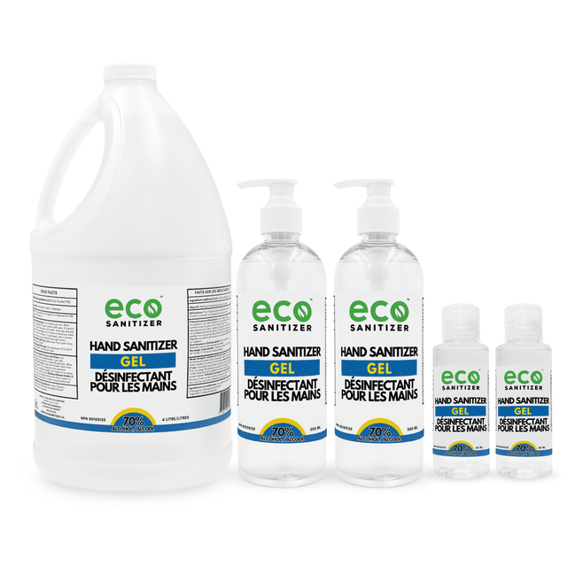 Hand Sanitizer Gel 70% Ethyl Alcohol - Assorted Bundle showing one 4L jug, two 500mL pump bottles and two 60mL mini bottles arranged front-facing; clear gel visible through semi-clear plastic containers with white-and-green Eco Sanitizer labels, brand name on label, screw-top jug, pump dispensers and flip-top mini caps on a plain white background, pack includes the specified sizes and 70% ethyl alcohol indicated on labels; suitable for personal sanitizing and travel carry.