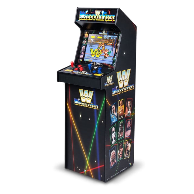 Classiques Amusants de Base WWE Ultra Series, Machine d'Arcade Orientée vers l'Avant, Armoire de Luxe avec Écran à Cristaux Liquides de 17 Pouces et Chapiteau Illuminé. Deux joysticks et Boutons Prenant en Charge le Jeu d'Arcade à 2 Joueurs en Face à Face sur Cinq Titres Intégrés (WrestleFest, SuperStars, The Big Pro Wrestling!, Super Dodgeball, Acrobatic Dog-Fight); Graphiques et Son d'Arcade Originaux, Adaptateur CA Inclus. Convient Aussi comme Présentoir de Salle de Jeux Ou Pièce d'Étagère