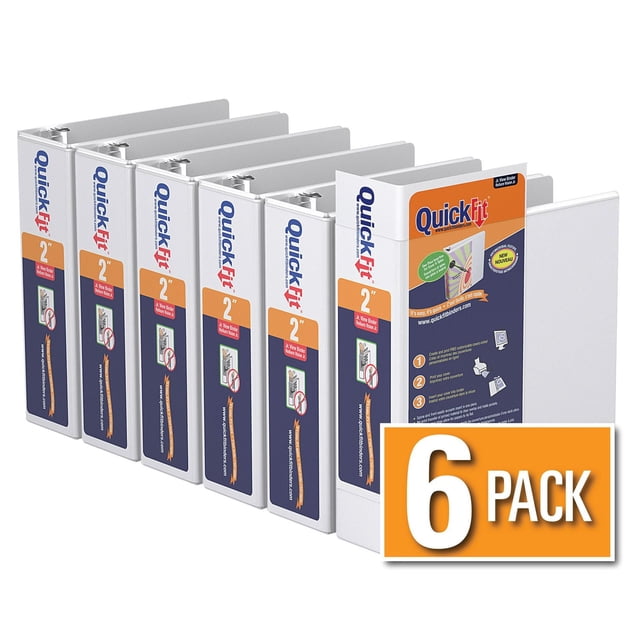 QuickFit 8.5 x 5.5 Hevy Duty View Binder, Round Ring, 6 Pack (2", White) showing six white binders with 2-inch round rings and clear overlay covers for easy customization, including front and back interior pockets, arranged side by side with one binder open to display the spine and cover insert, suitable for organizing manuals and handbooks.