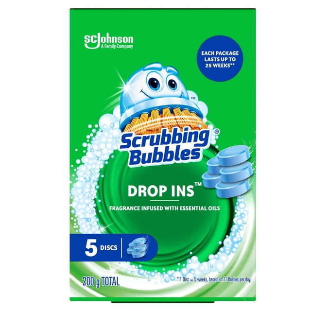 Scrubbing Bubbles® Drop Ins Toilet Bowl Cleaner box with green background featuring the Scrubbing Bubbles mascot above the product name, showing 5 blue cleaning discs, fragrance infused with essential oils, and stating each package lasts up to 25 weeks for continuous toilet stain removal and cleaning.