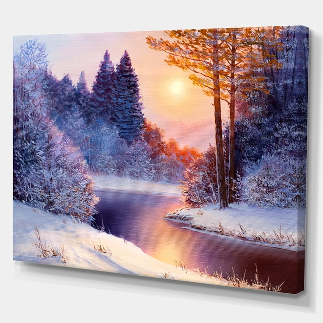 Designart - Forêt de Noël avec Rivière - Impression de Peinture de Paysages sur Toile Enveloppée