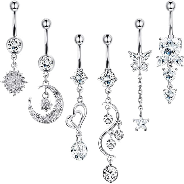 MesaSe Hanpabum 6Pcs 14G Belly Button Rings Dangle for Women Surgical Steel Navel Rings Body Piercing Jewelry