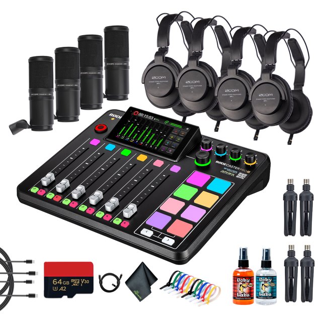 RODE RODECaster Pro II + 4x Écouteurs + 4x Microphone de Balado + Carte Mémoire Micro SD 64 Go + 2x USB - C + Plus (Ensemble)