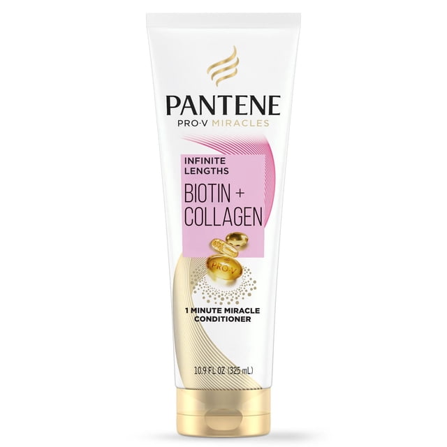 Pantene Pro-V Miracles Infinite Lengths Biotin + Collagen 1 Minute Miracle Conditioner in a white tube with gold flip cap, featuring pink and gold accents and text highlighting its biotin and collagen formula to strengthen hair and reduce breakage for longer, resilient strands.