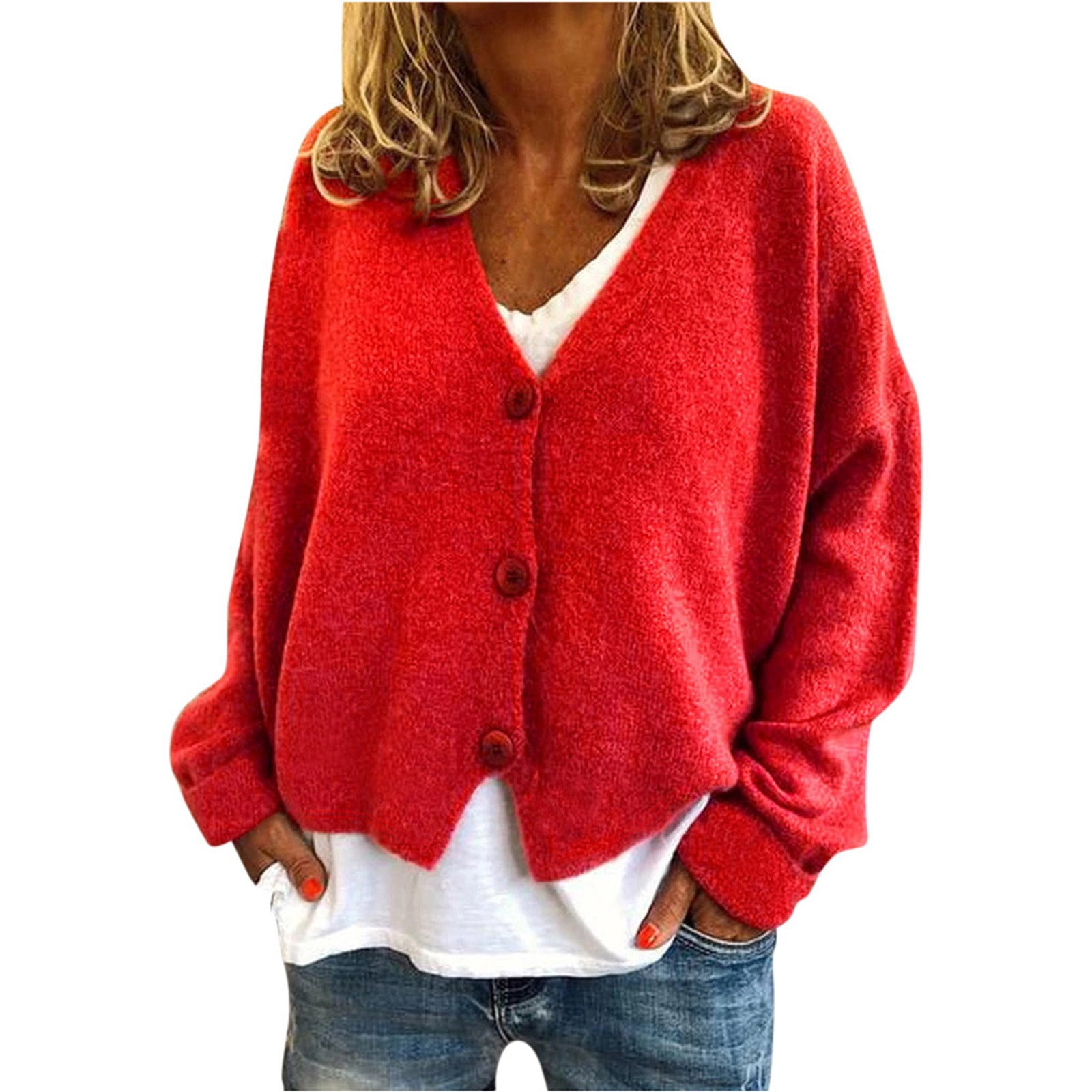 2025 Cardigan pour Femmes Uni à Col en V avec Boutons, Manches 3/4, Chandail Tricoté Extensible Décontracté, Longs Kimonos pour Femmes, Cardigan