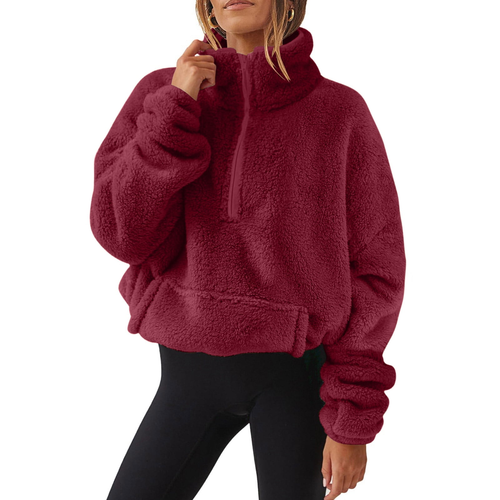 Mgmyaa Women's Half Zip Fleece Pullover Long Sleeve Oversized Sweatshirt Soft Sherpa Top With Pockets Warm Casual Winter Hoodie Alternative