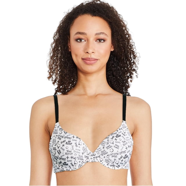 George Soutien-gorge Rehausseur pour Femmes en Tissu Blanc Imprimé de Mots Positifs Noirs et de Visages Souriants, Bretelles Ajustables Noires, Bonnets Rembourrés Moulés et Armatures Rehaussantes, Montré Orienté vers l'Avant sur un Modèle.