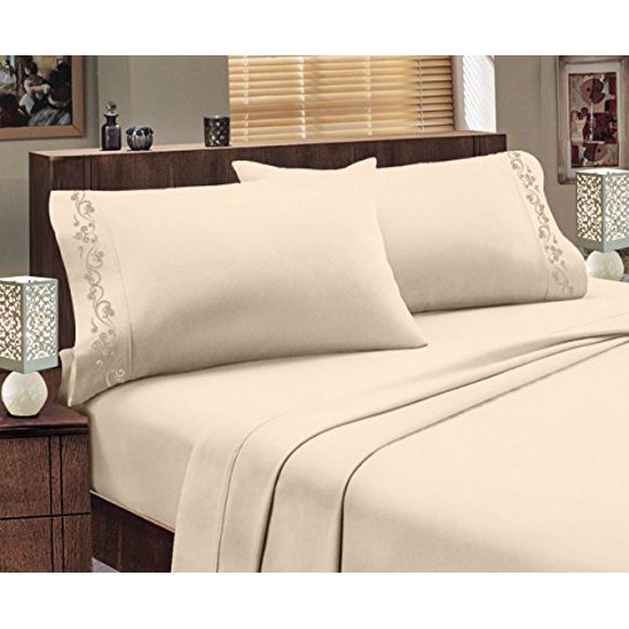 Italian Design 1800 Series Egyptian Comfort Super Soft Embroidery 4 Piece Sheet Set (Queen, Sand)