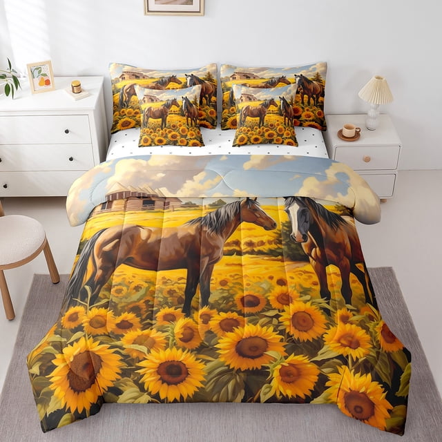 YST Ensemble de Douillette Animaux de Ferme Chevaux avec Draps, Ensemble de Literie 7 Pcs, Format Grand Lit, Polyester, Type Douillette et Housse de Couette, Lit en Sac (1 Unité)