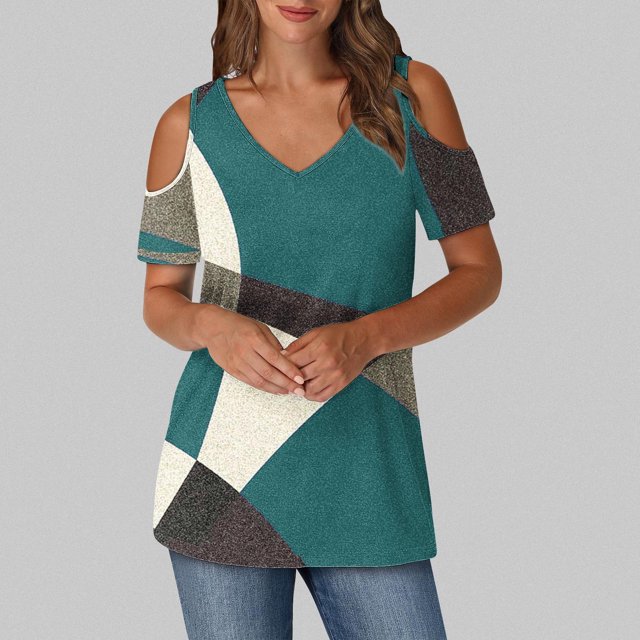 Soki Womens Tops Color Blocked Printed Short Sleeved V-Neck Off Shoulder Fashionable Summer Clothes