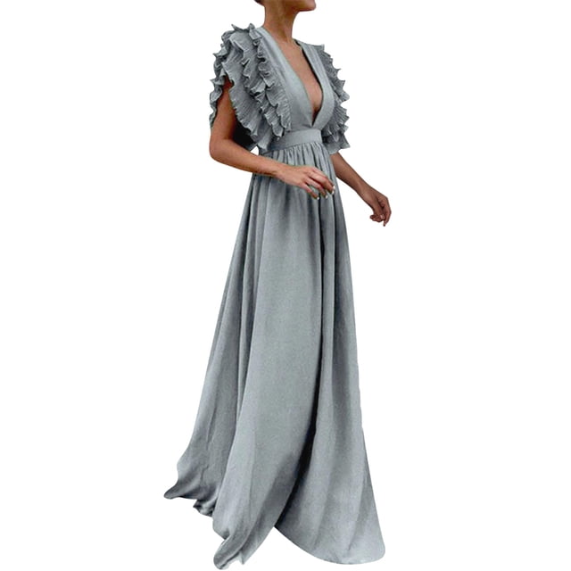 Ketyyh-chn99 Robes de Soirée pour Femmes Robe de Mariage Robe de Fête pour Femme Robe de Bal Décontractée Robe de Soirée Unie Élégante Robe Maxi Gris,m