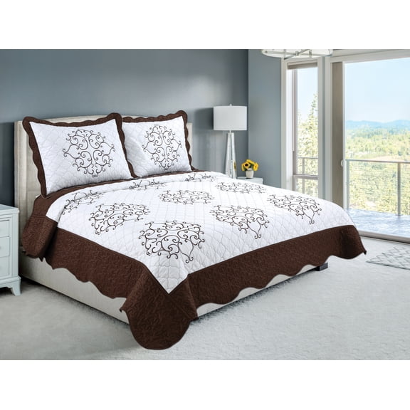 Marina Decoration Embroidered Stitching Coverlet Bedspread Ultra Soft Solid Bedding Summer Quilt Set with Quilted Sham, Brown Mandala Blazon Pattern