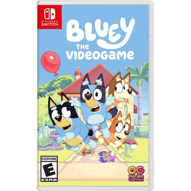 Bluey: The Videogame (Nintendo Switch) cover art depicting Bluey and her family of four animated dogs jumping joyfully outside their house with a red balloon, garden toys, and a mailbox in a colorful backyard, rated E for Everyone by ESRB.