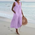 thumbnail image 3 of Cameland Robe Femme Mode Unie Solor à Col en V Sans Manches à Boutons en Coton et Lin, 3 of 5