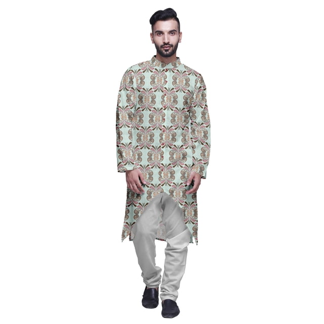 Atasi Button Down Asymmetrical Kurta For Men Printed Mandarin Long Sleeve Shirt