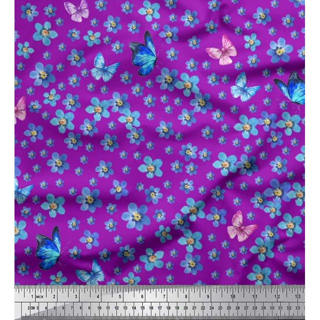 Soimoi polyester Crepe Fabric Butterfly & Flower Floral Print Fabric by Yard 42 Inch Wide