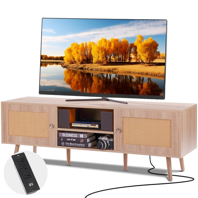 VEVOR Rattan TV Stand for 65" TV in oak finish, blending boho and modern aesthetics with hand-woven rattan cabinet doors. Features built-in socket with three-prong outlets and USB ports, spacious storage with adjustable shelves, and a sturdy solid wood frame with 6.3-inch legs for clearance. Functions as a TV console or entertainment center, suitable for living rooms, bedrooms, or entryways.