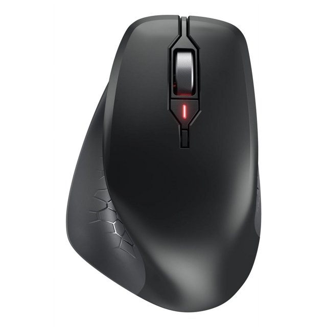 CHERRY STREAM MOUSE COMFORT WIRELESS in black, featuring an ergonomic design with a textured side grip and a sleek matte finish. The mouse includes a scroll wheel with a red LED indicator and is designed for comfortable use with laptops and desktop computers.
