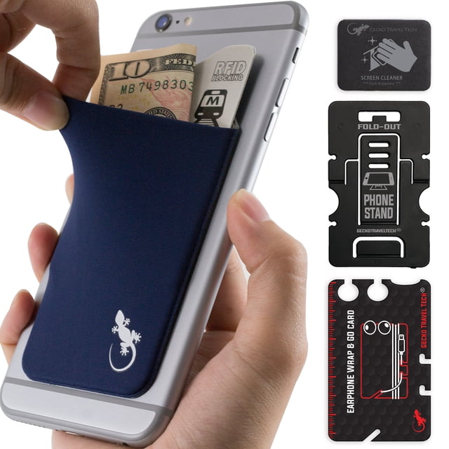 Gecko Travel Tech Phone Wallet - Stick On Card Holder Wallet for Cell Phones - Adhesive Card Pocket - NAVY