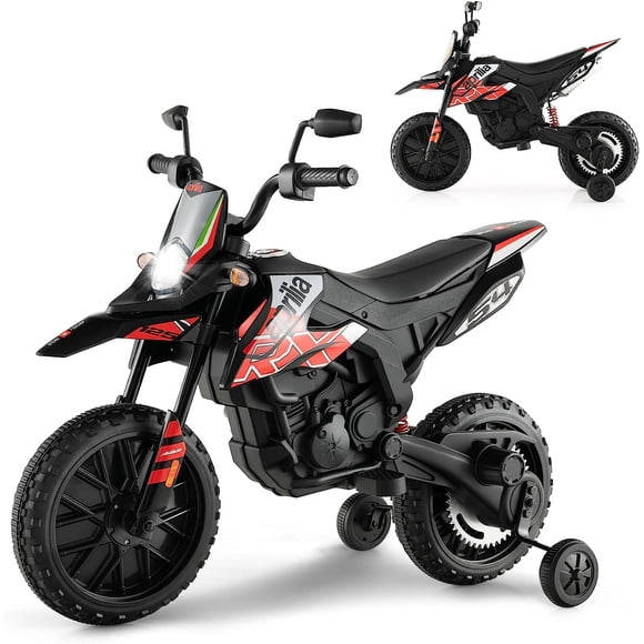 OLAKIDS Moto pour Enfants 12 V, Moto Électrique sous Licence Aprilia RX125 pour Tout-Petits avec Roues Stabilisatrices, Suspension à Ressort, Phare, Musique, Enfants de 3 à 8 Ans