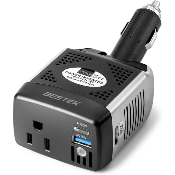 BESTEK Convertisseur de Tension 150W Onduleur 12V vers 110V PD30W QC18W Chargeur de Voiture Adaptateur d'Alimentation avec Ports de Charge