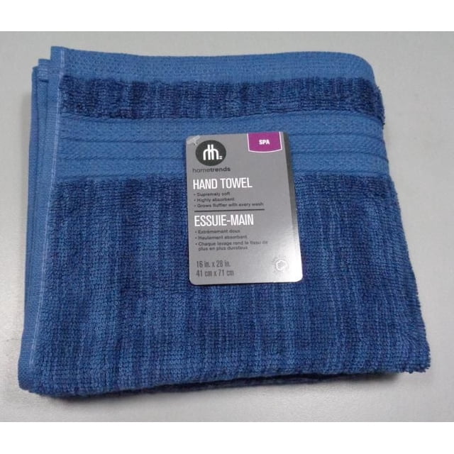 hometrends hand towel in blue with textured stripes, folded, made of supremely soft, highly absorbent cotton, measuring 16 by 28 inches (41 by 71 cm), suitable for bathroom accessories and everyday use, featuring bilingual product label.