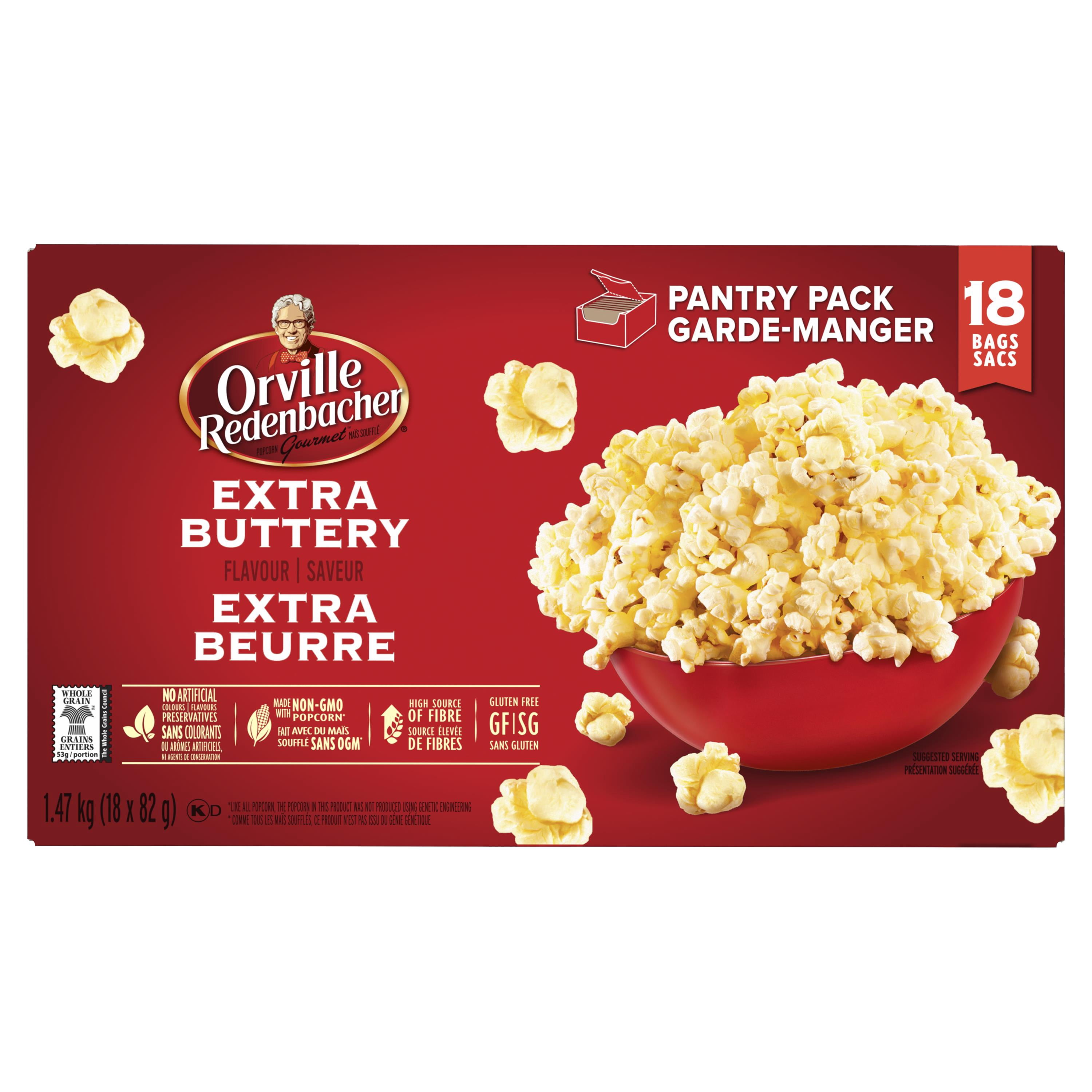 Orville Redenbacher Popcorn Micro-ondes Extra Beurré, Saveur Extra Beurrée, 100% Grain Entier, Sans Saveurs Artificielles, Source de Fibres, Sans Gluten, 18 Sacs - 1,47kg