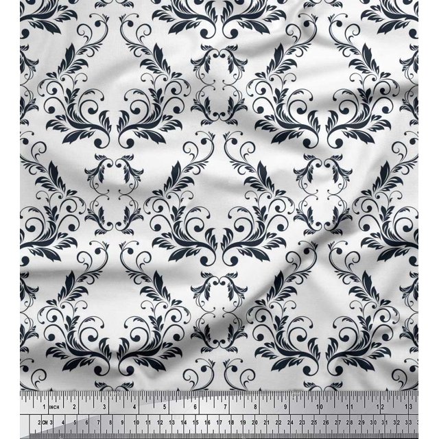 Soimoi White polyester Crepe Fabric Filigree Damask Print Fabric by Yard 52 Inch Wide
