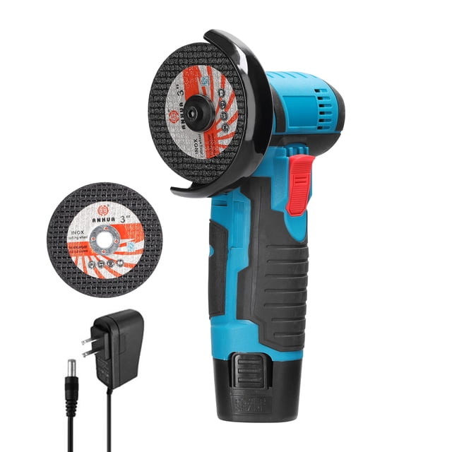 Tignapoo 12V Cordless Compact Angle Grinder with 2 Blades - Portable Multi-Purpose Tool for Polishing, Grinding, and Cutting Tile, Wood, Stone, and Metal - Includes Battery & Charger (US Standard)