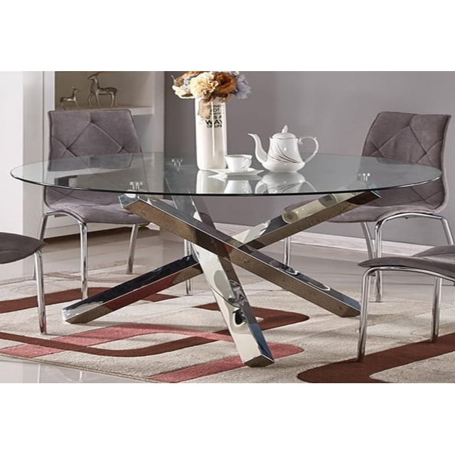 Canadian Veronica Table à Manger Ronde avec Plateau en Verre Trempé Transparent de 12 mm et Pattes tube Carrées en Acier Inoxydable à Emboîtement, Ensemble avec une Théière Blanche et une Tasse, Entourée de Quatre Chaises Rembourrées Grises sur un Tapis à Motifs dans une Salle à Manger Moderne.