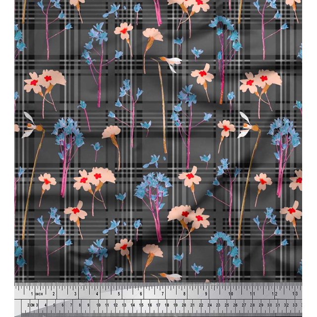 Soimoi Cotton Poplin Fabric Floral & Check Decor Fabric Printed Yard 42 Inch Wide