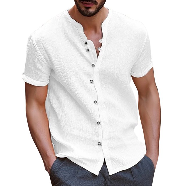 Button Down Shirts for Men Spring Summer Solid Color Turn Down Collar Short Sleeve Dark Blue Fall Tops for Men Trendy size L