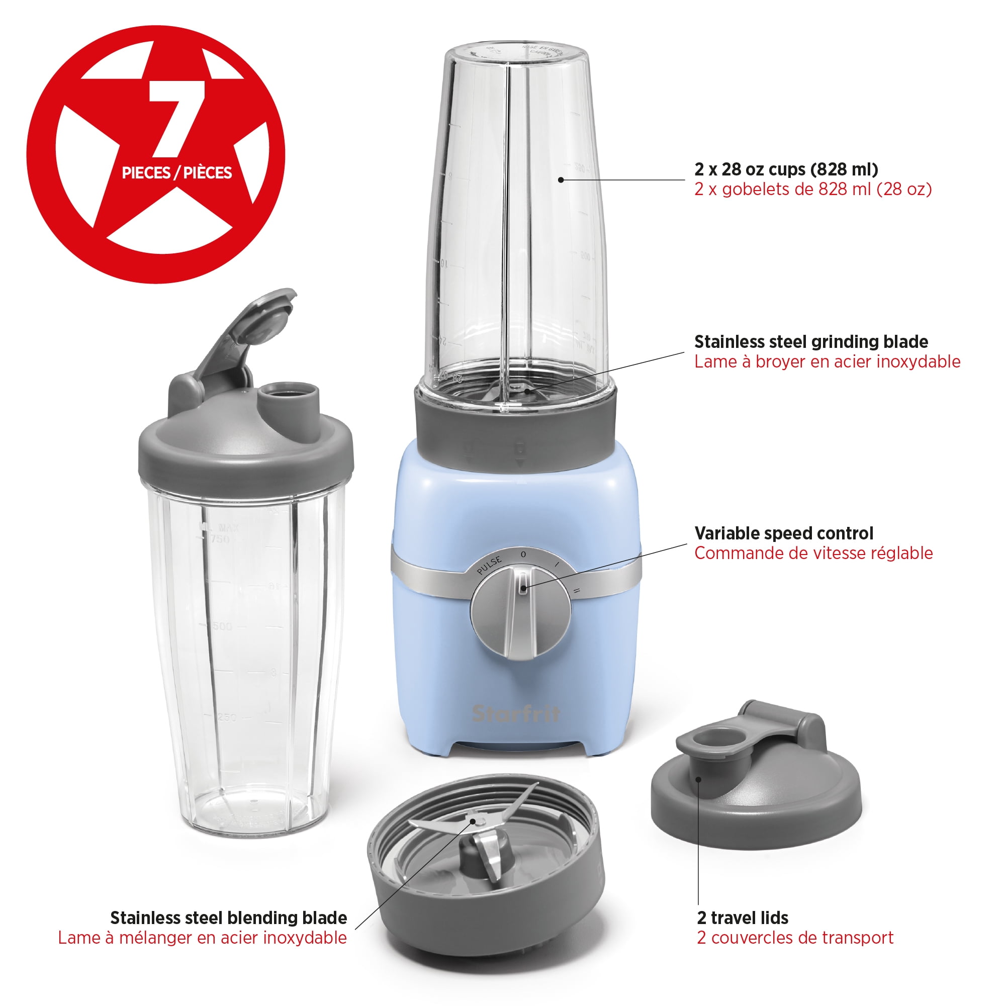Starfrit 7 pcs  Personal Blender, 2 x 28oz (828ml) cups, 2 x travel lids, 2 blades, 3 speed modes: Low, High & Pulse, 300W
