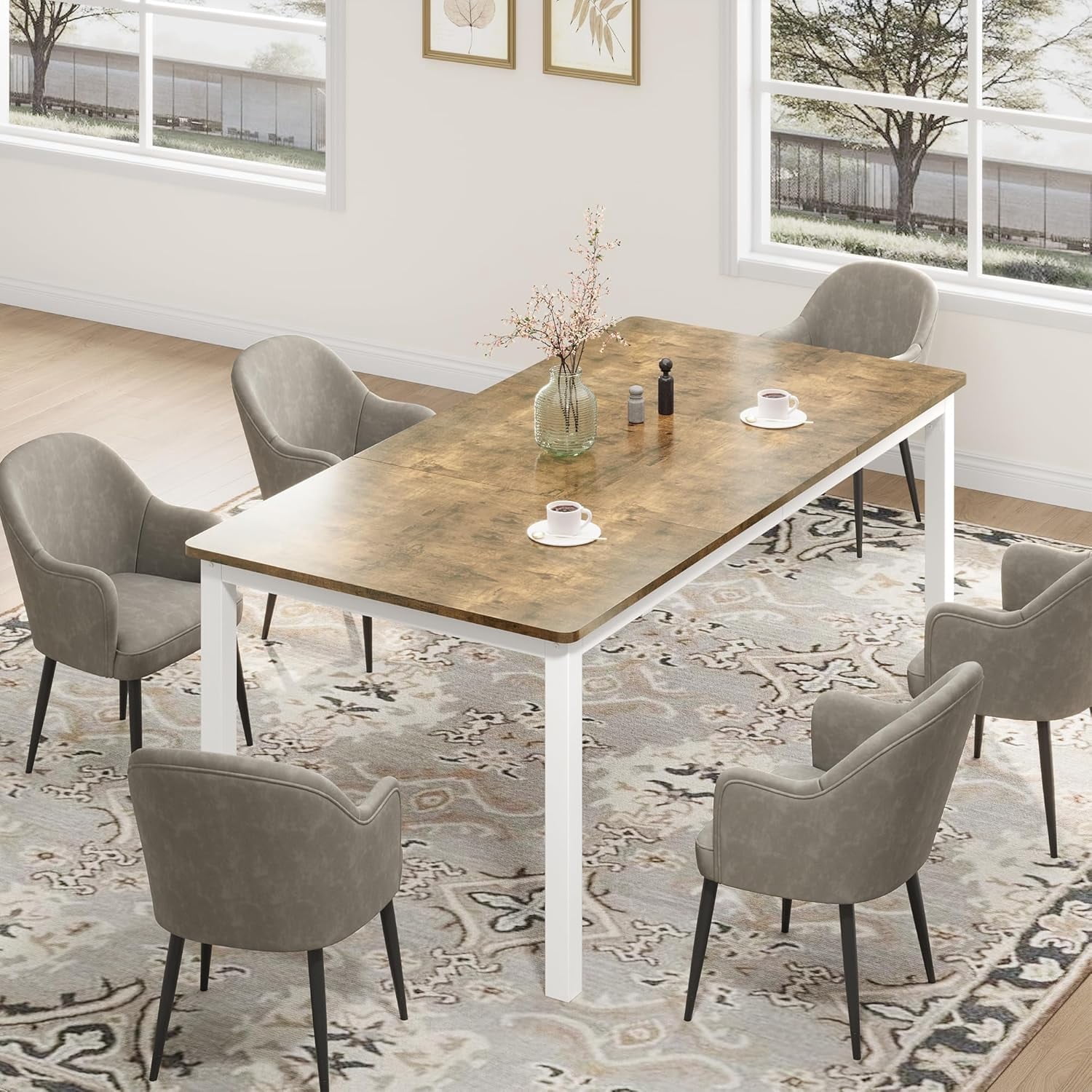 79 in Industrial Dining Table for 6-8, Long Rectangle Kitchen Table with Metal Legs, Retro Brown with White Legs