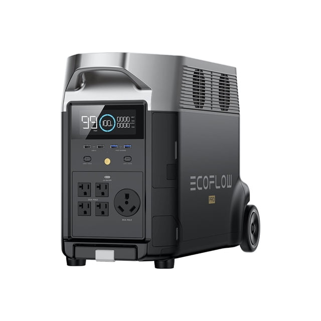 EcoFlow DELTA Pro Portable Power Station with 3600Wh capacity and solar generator functionality, shown in a front-facing view. Features include multiple AC outlets, USB ports, and a digital display indicating power levels. Designed for outdoor camping, home backup, emergency use, RVs, and off-grid applications. Equipped with wheels and a handle for portability. Offers fast charging and compatibility with EcoFlow's expandable ecosystem.