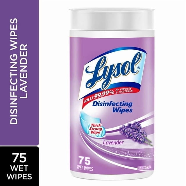 LYSOL® Lingettes Désinfectantes, Lavande, 75 Unités, 75 Ct. Contenant Cylindrique au design à Thème Lavande, Mettant en Vedette le logo Lysol et un Texte Mettant en Valeur Sa Capacité à Tuer 99,99 % des Virus et des Bactéries. l'Étiquette Fait Mention d'Une Lingette Épaisse et Puissante et Comprend une image de Fleurs de Lavande. Contient 75 Lingettes Jetables Préhumidifiées Adaptées au Nettoyage et à la Désinfection des surfaces Dures, Non Poreuses, de l'Électronique