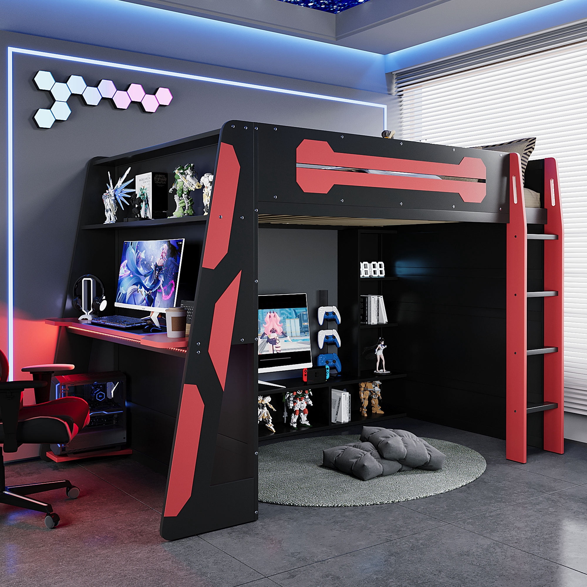 Lit mezzanine en bois Noble House avec bureau, rouge