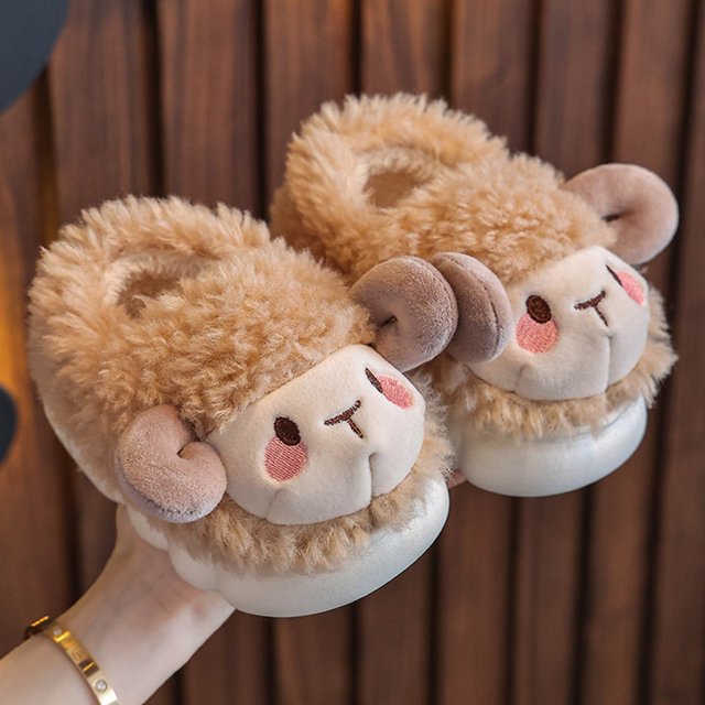 RXIRUCGD Winter Children Add Plush Non-slip Keep Warm Home Cotton Slippers( Kaki, Taille:22