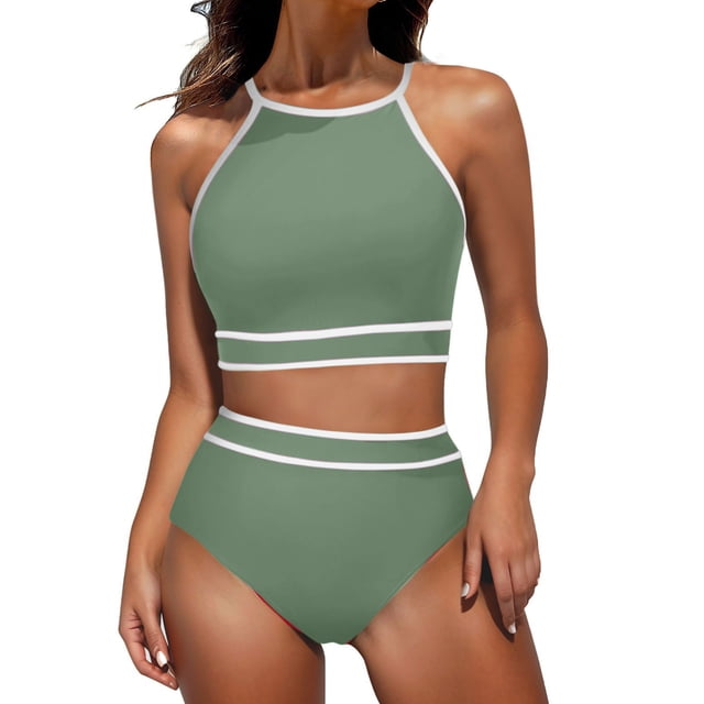 Penkiiy Swimsuit Set for Women 2 Piece Ribbed High Waisted Bikini Set Sporty Color Block Bathing Suits 2XL Green