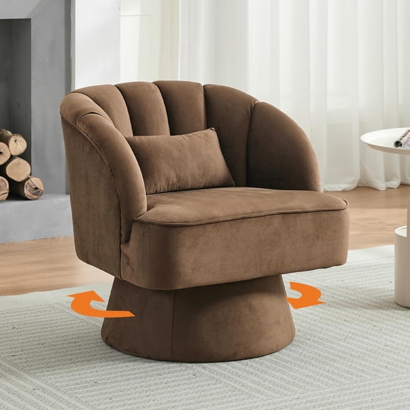 Smooth Swivel Barrel Accent Chair – 360° Rotating Lounge Armchair, Cushy Padding, Striped Backrest, Modern Comfy Club Chair for Living Room, Bedroom, Small Spaces – Color: Brown