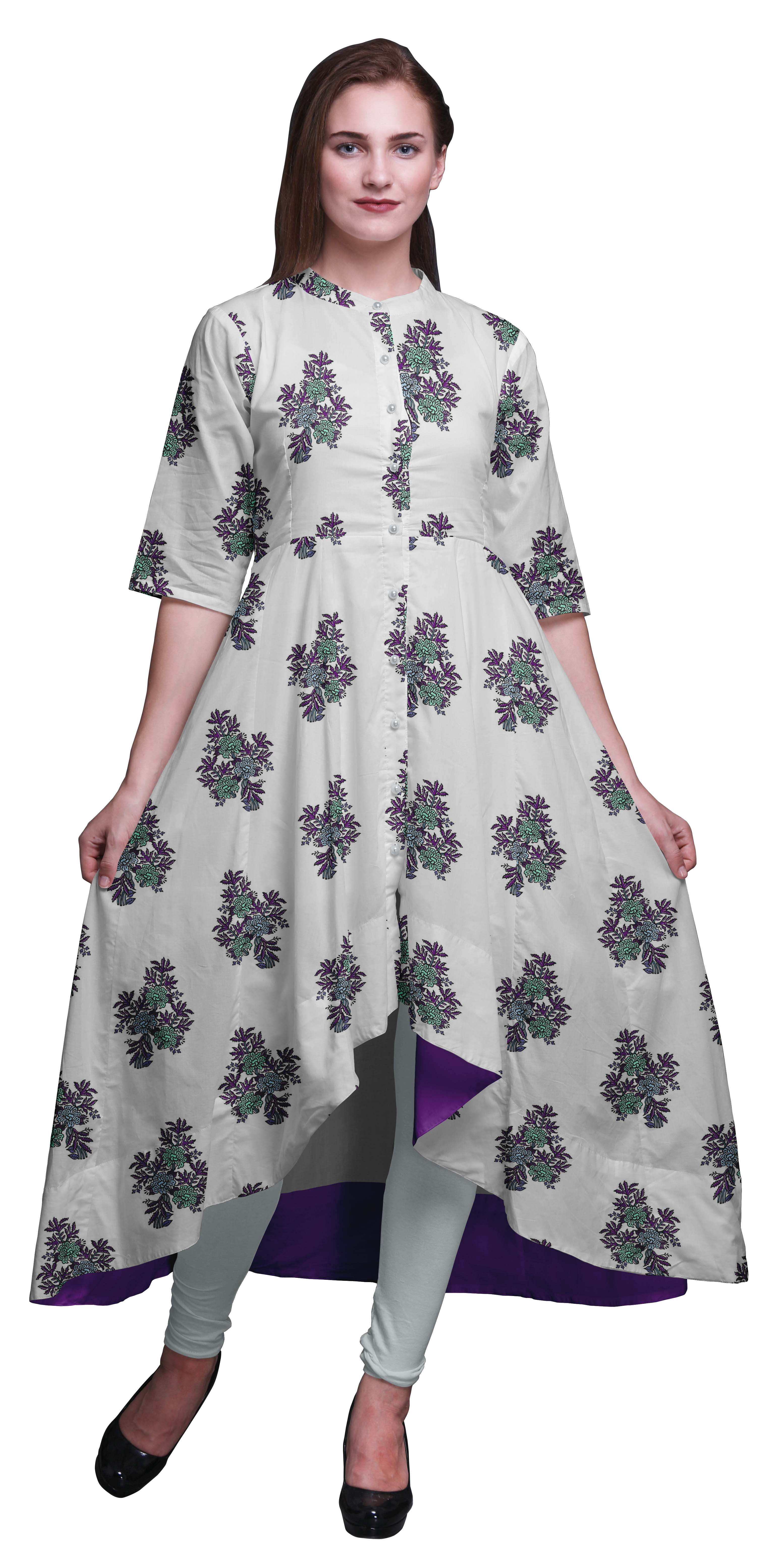 Bimba Feuilles Vertes et Bloc Floral Tenue Ethnique Indienne pour Femmes Anarkali Kurti Imprimée Robe Asymétrique-Grand